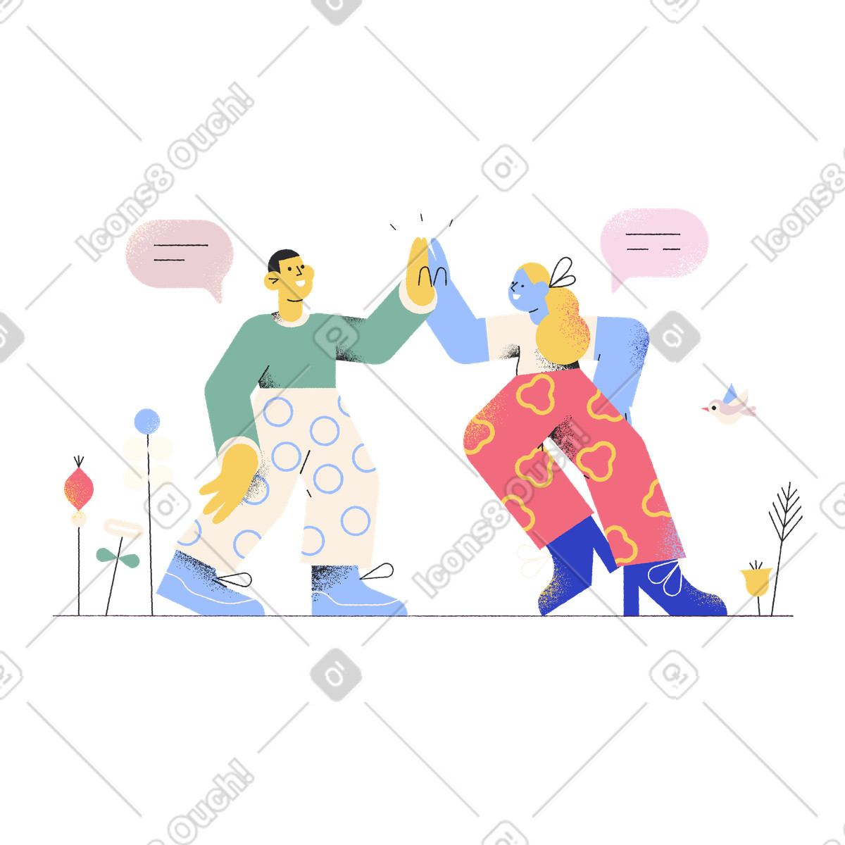 Coworkers giving each othre high five outdoors, Positive collaboration and teamwork-Illustration im Pablo-Stil als Download in PNG, SVG