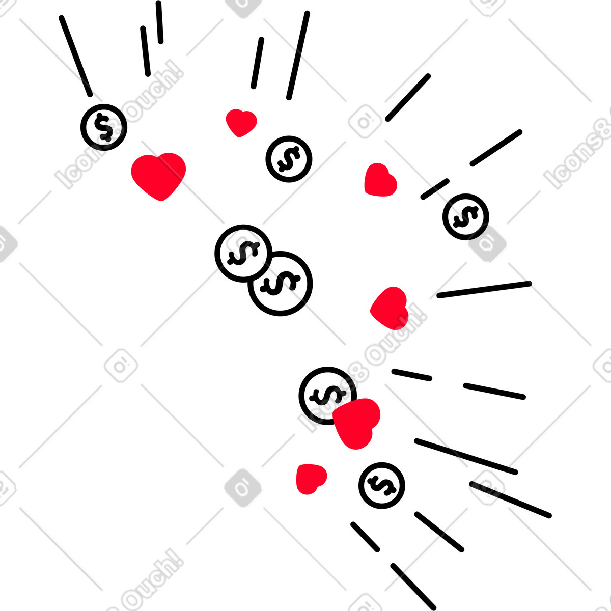 Coins and likes flying into the center-Illustration im Transistor-Stil als Download in PNG, SVG