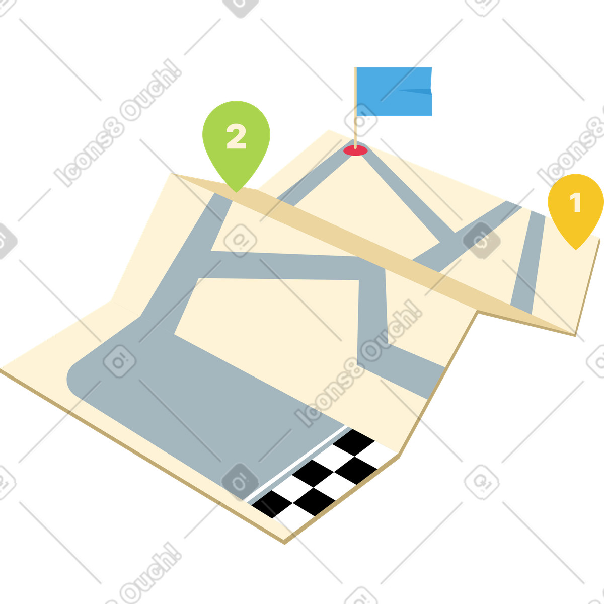 Illustration Feuille de route avec géolocalisation et ligne d'arrivée dans le style Catchy à télécharger aux formats PNG, SVG
