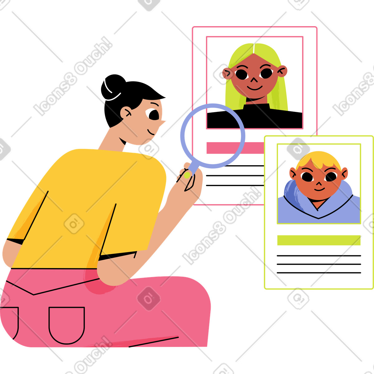 Juicy スタイルの 女性は履歴書を見ている のアニメーションイラストをGIF、Lottie (JSON)、AEでダウンロード