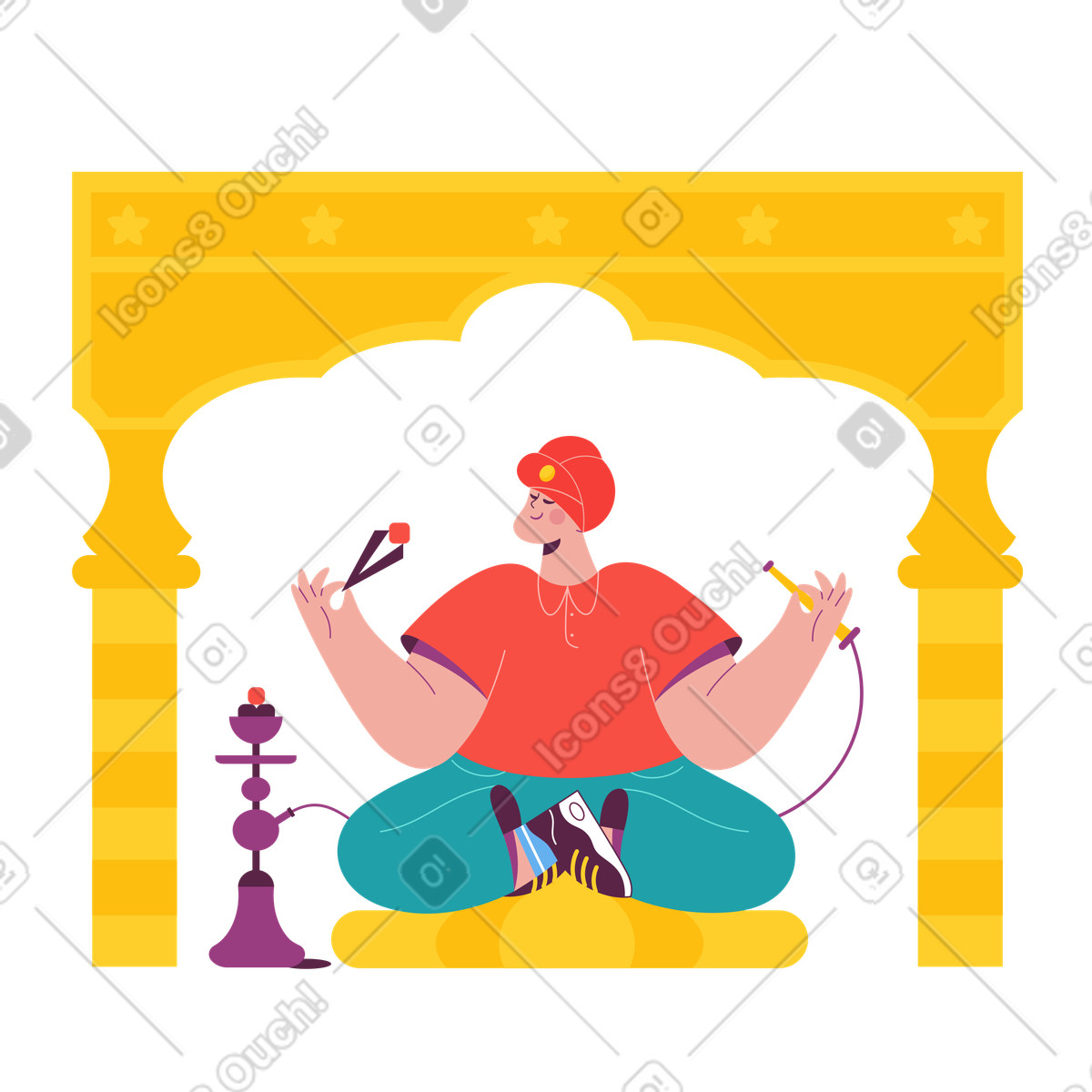 Man sitting in lotus position and smoking hookah illustration Sammy style download PNG, SVG