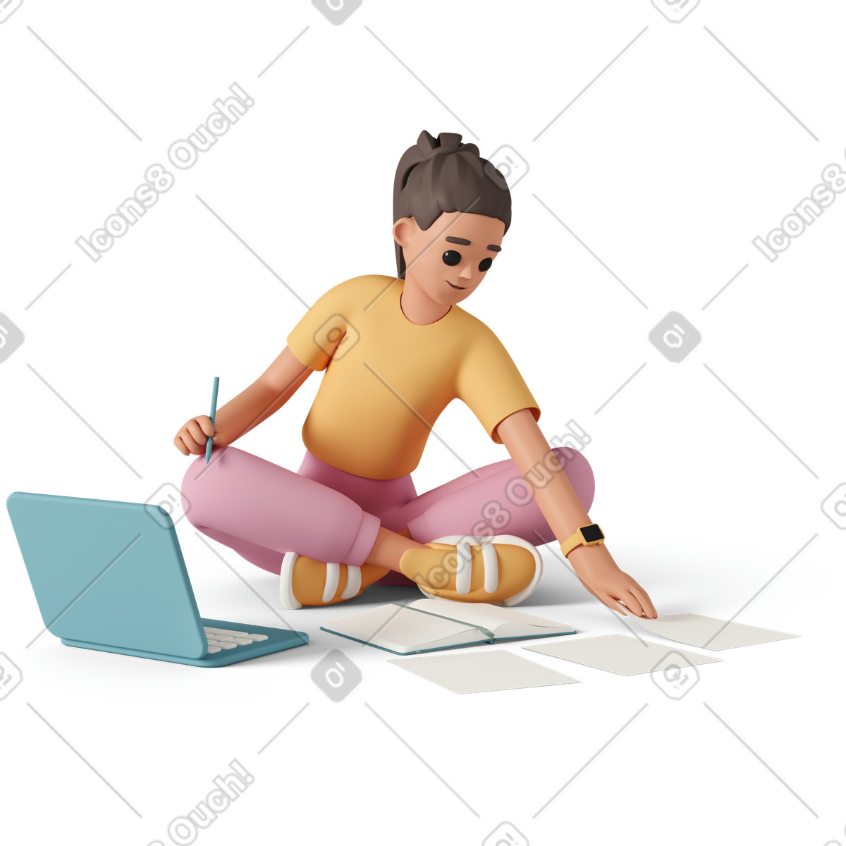 Student organizing papers with computer, exam preparation and academic work illustration in 3D Casual life style download in PNG, SVG