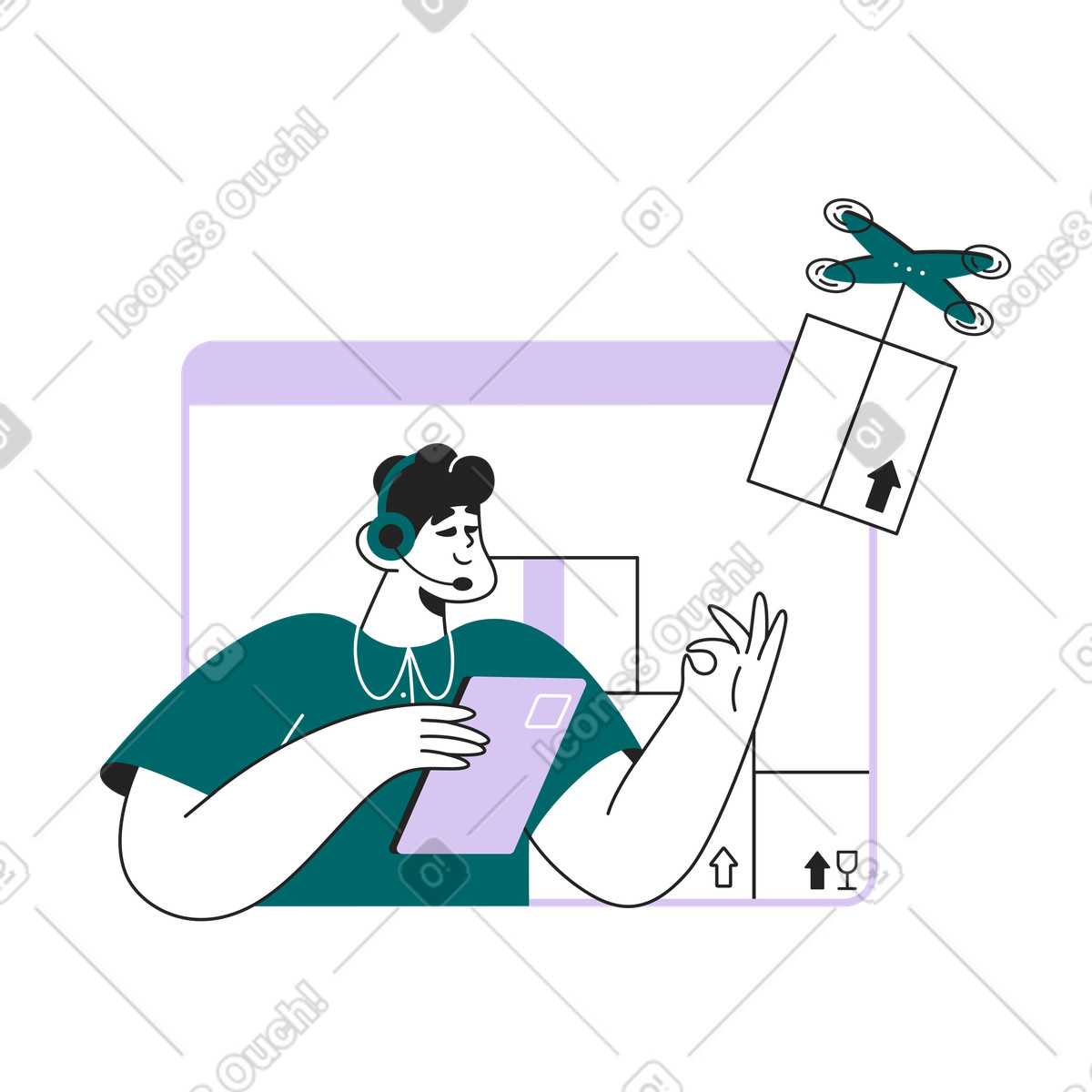 Operator sending order by drone, Contactless shipping concept and automated delivery service illustration in Sammy Line style download in PNG, SVG