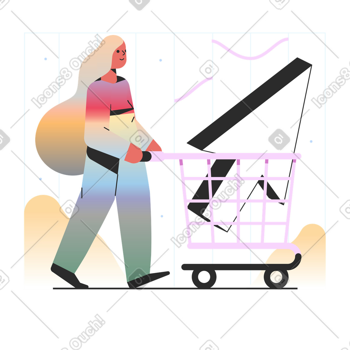 Donna che fa shopping online con carrello della spesa illustrazione in stile Marginalia scarica in PNG, SVG