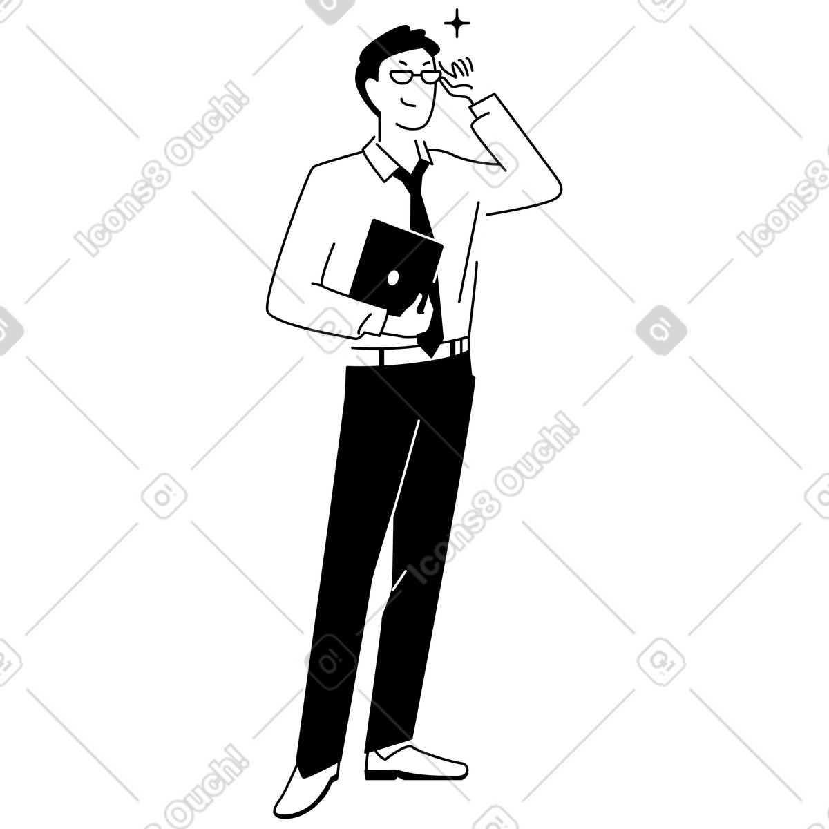 Ilustración Empleado feliz con gafas y tableta, logro crecimiento profesional en estilo Weekday a descargar en PNG SVG