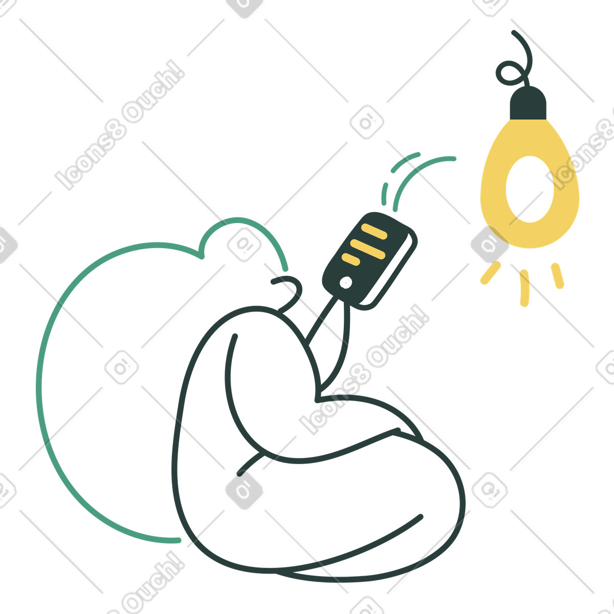 Ilustración Mujer controlando una bombilla inteligente con un teléfono en estilo Macaroni a descargar en PNG y SVG