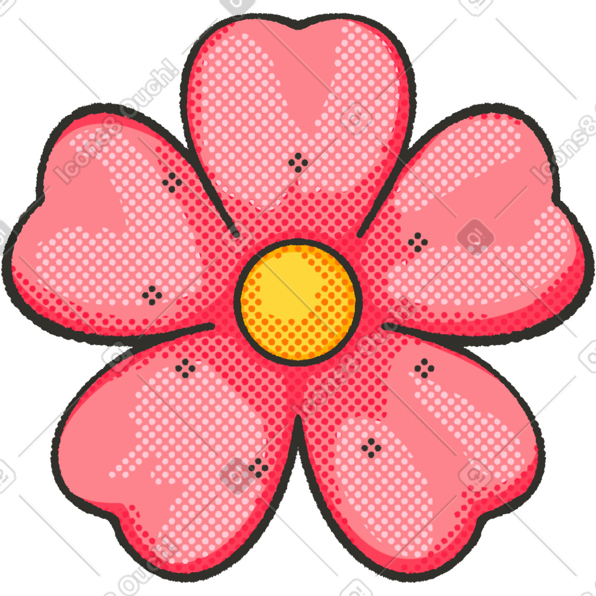 Ilustración Spring blossom with dotted heart-shaped petals and round core en estilo Dots a descargar en PNG y SVG