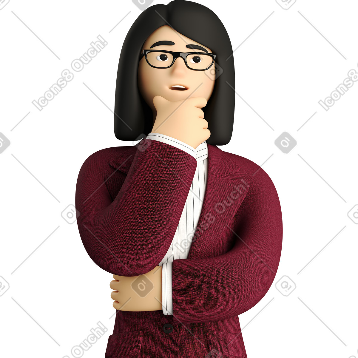 Pondering businesswoman in red suit looking up-Illustration im 3D Business-Stil als Download PNG, SVG
