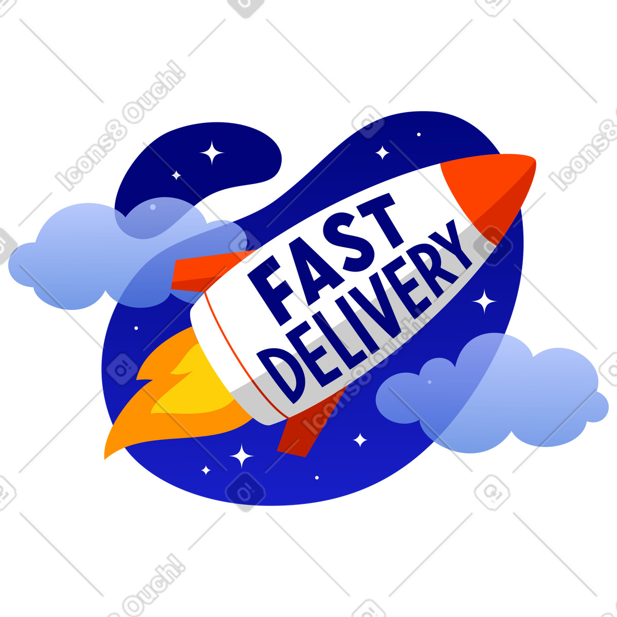 Illustration Lettrage livraison rapide dans la fusée avec texte nuages et étoiles le style Lettering à télécharger aux formats PNG, SVG
