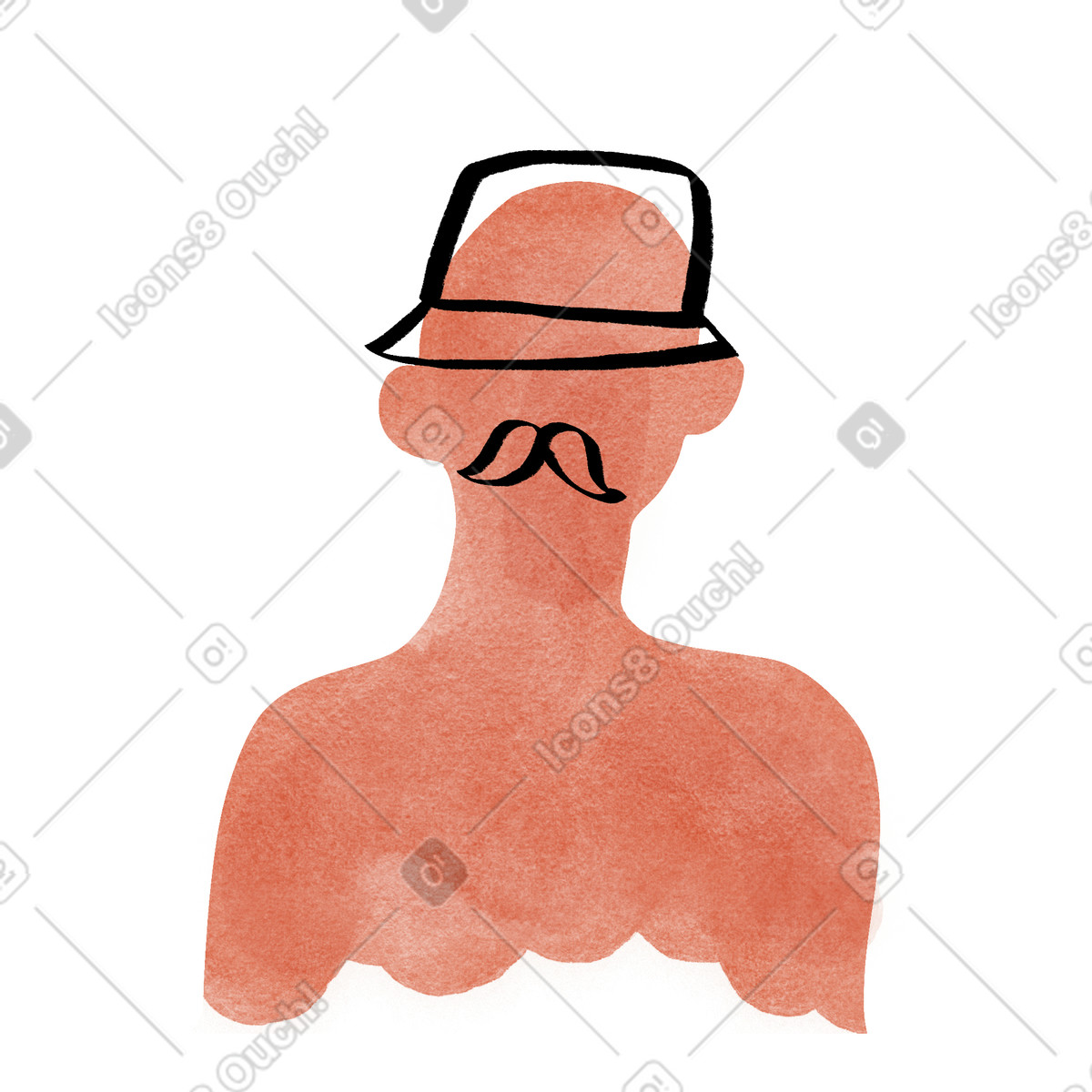 Mann mit schnurrbart und hut, versteckte identität oder benutzerplatzhalter-Illustration im Hand-drawn animation-Stil als Download in PNG, SVG
