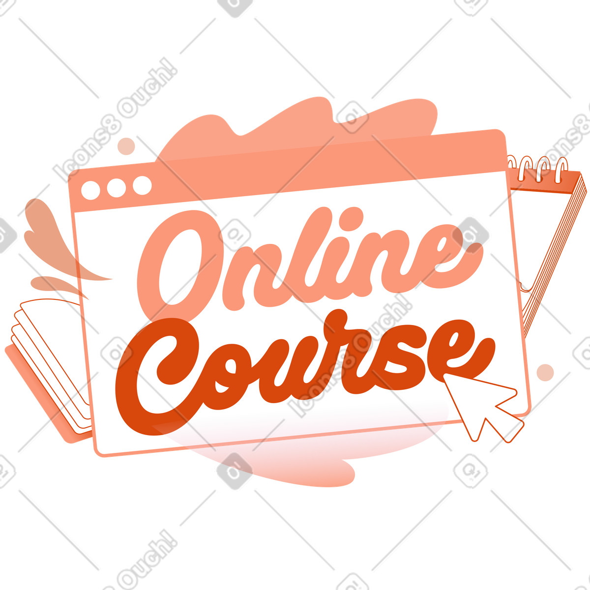 Handwritten online course text with notebooks, E-learning illustration in Orange style download in PNG, SVG