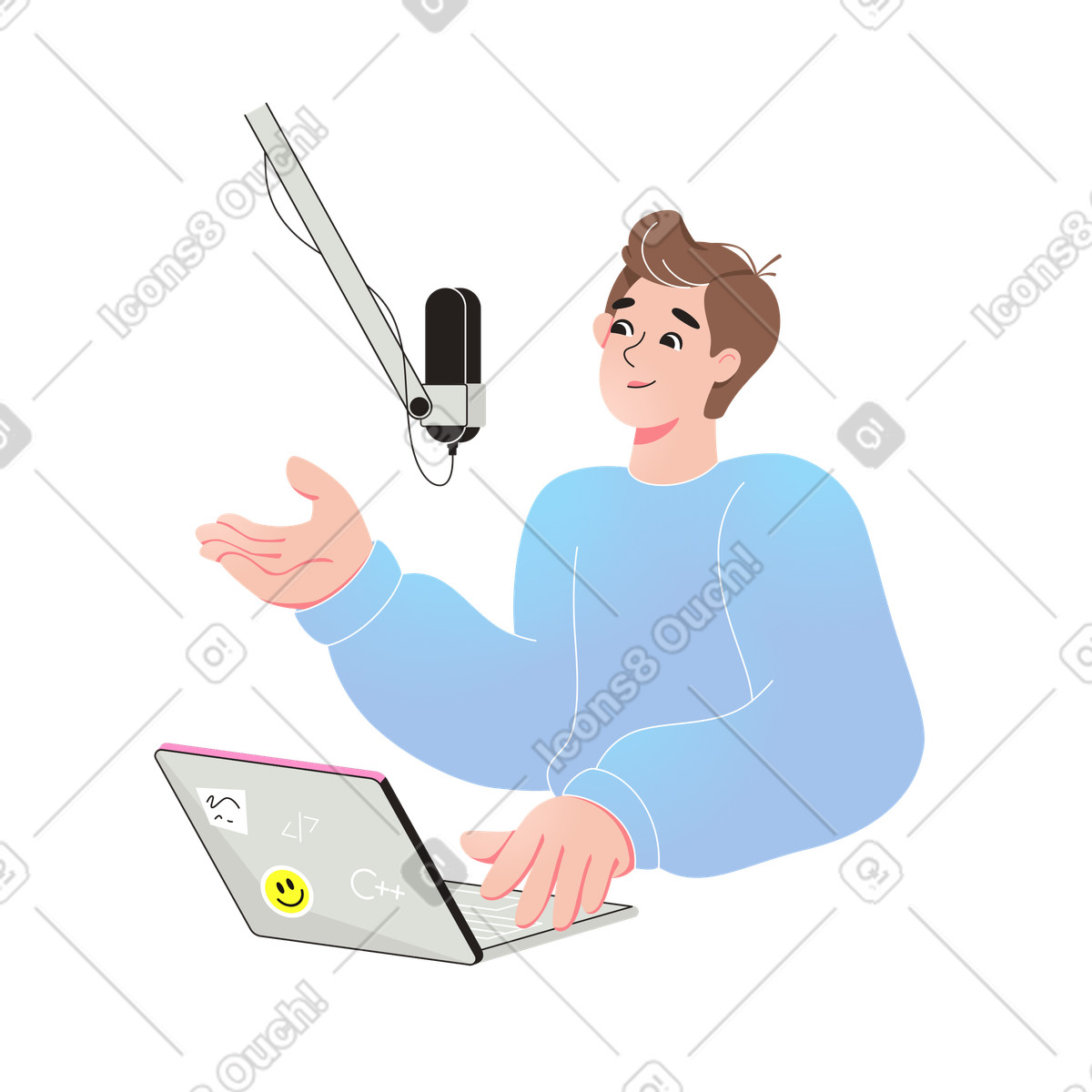 Ilustración Presentador de podcast masculino con computadora portátil y micrófono en estilo Like a descargar en PNG SVG