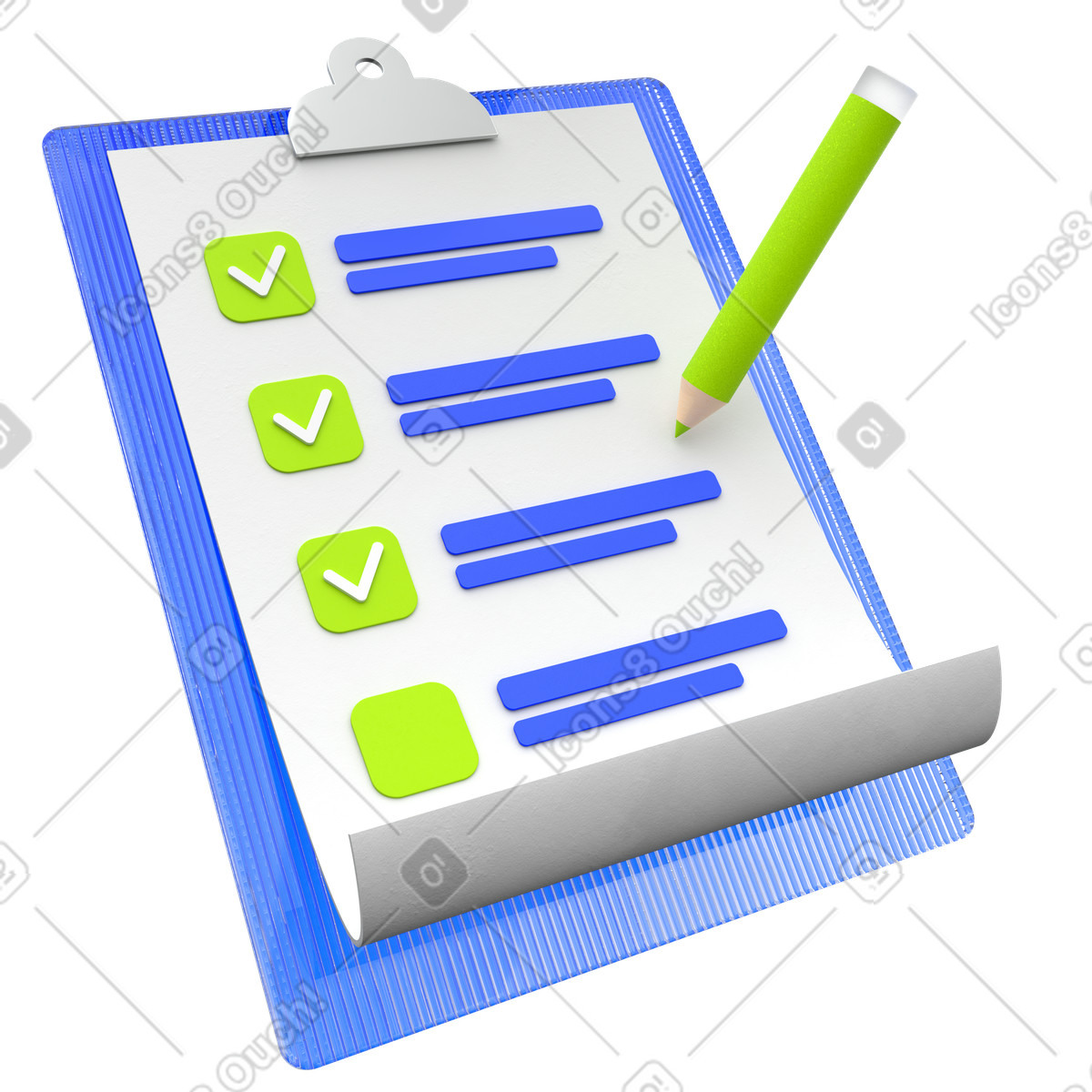 Illustration Presse-papiers avec liste de contrôle et crayon dans le style 3D Enterprise à télécharger aux formats PNG, SVG