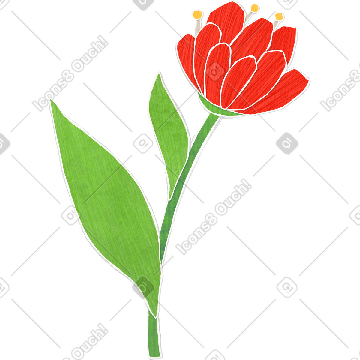 Crafty 스타일의 Large blooming red flower on a long stalk with green leaf 일러스트레이션 PNG, SVG 다운로드