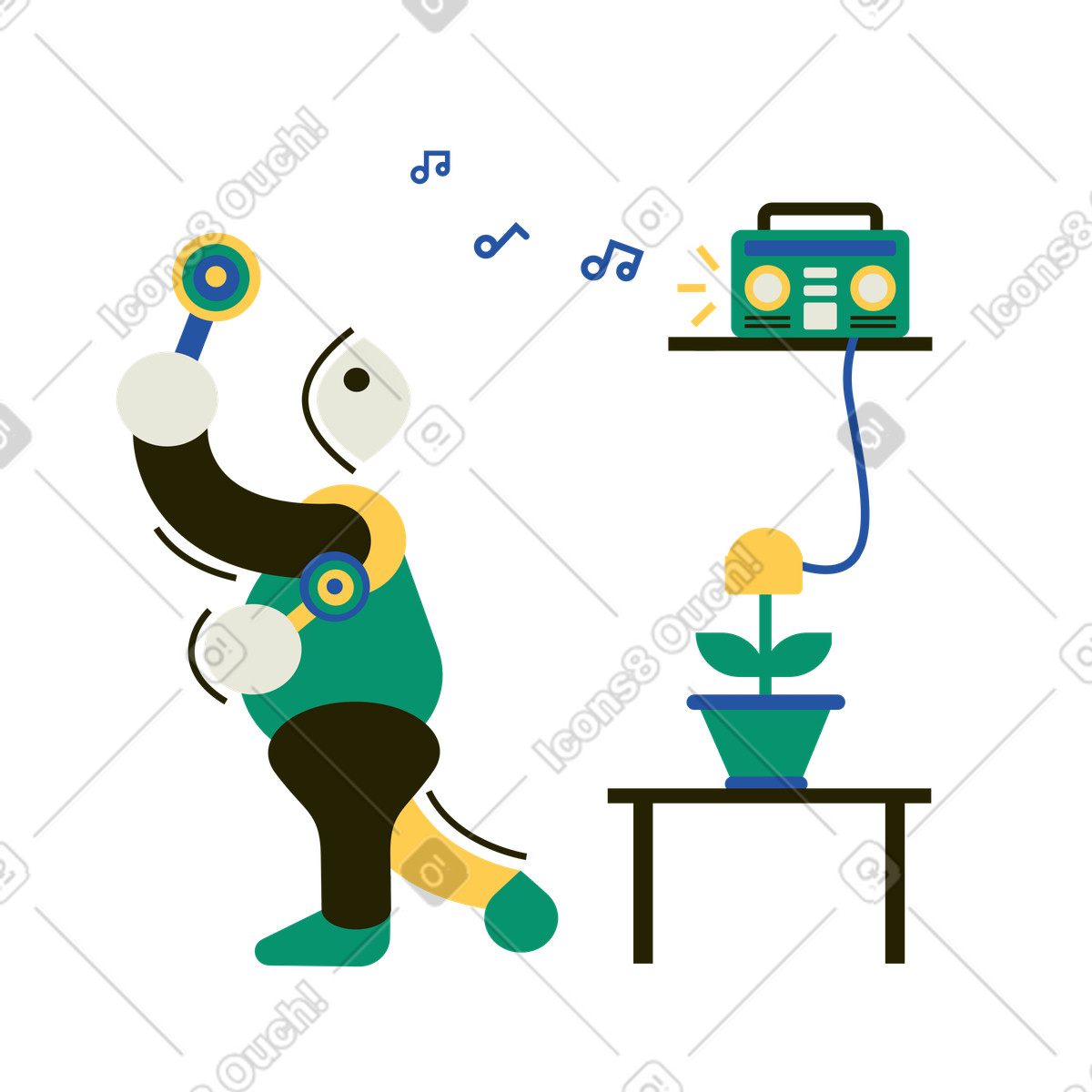 Mann tanzt zu ghettoblaster, der an die anlage angeschlossen ist-Illustration im Spot-Stil als Download in PNG, SVG