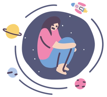 A person sitting in space surrounded by planets - Pluto style illustration