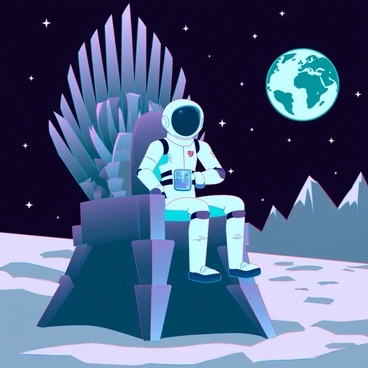 An astronaut wearing a futuristic space suit is seated on the "Iron Throne" crafted from dark, metallic materials, reflecting the light of distant stars. The throne is situated on the grey, rocky surface of the moon, with a rugged lunar landscape stretching out in the background. The astronaut gazes contemplatively at "Earth," which is visible in the sky, a vibrant blue and green sphere against the blackness of space. The scene is illuminated by a soft, ethereal light, highlighting the details of the astronaut's suit and the intricate design of the throne.