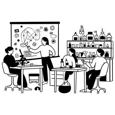 A biology lecture is in progress in a laboratory filled with various specimens and microscopes. A large whiteboard displays complex diagrams and notes. Several microscopes are positioned on lab tables, some with slides underneath them. Shelves are lined with glass jars containing biological specimens, such as preserved animals and plant samples. The lecturer stands at the front, pointing towards the whiteboard while students are seated at the tables, taking notes. Various laboratory equipment is scattered throughout the room, including pipettes, beakers, and petri dishes. The overall atmosphere reflects a focused and educational environment.