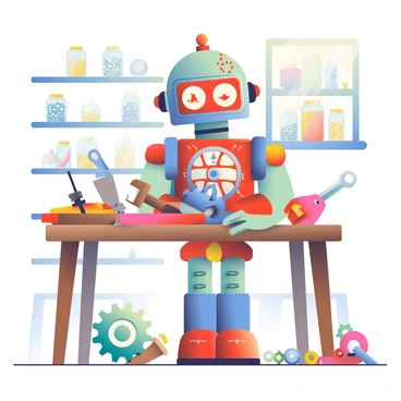 A retro-style tin robot with bright red and blue colors is standing in a cluttered workshop. The robot has a shiny metallic surface, with intricate patterns and a vintage design. It has expressive eyes and a wind-up key on its back. Surrounding the robot are various old tools, including a rusted wrench, a wooden hammer, and a pliers, all resting on a wooden workbench. Scattered across the workbench are several gears of different sizes, some painted in faded colors, with a few lying on the floor. The background features wooden shelves filled with jars of screws and small mechanical parts, creating a nostalgic atmosphere.