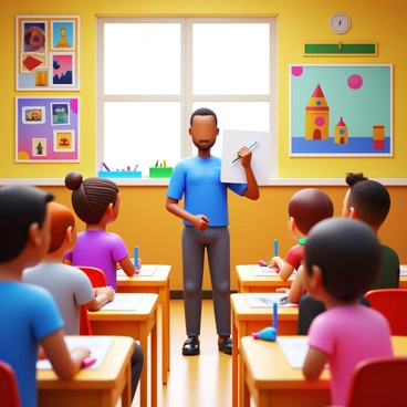 An expert illustrator standing in front of a group of attentive students in an art classroom. The illustrator is demonstrating techniques with a sketchpad in hand. The students, diverse in gender and ethnicity, are seated at desks, each focused on their own drawings. The classroom walls are adorned with vibrant posters showcasing various artistic styles and techniques. Brightly colored art supplies are scattered across the desks, adding to the lively atmosphere. Natural light filters through a window, illuminating the scene.