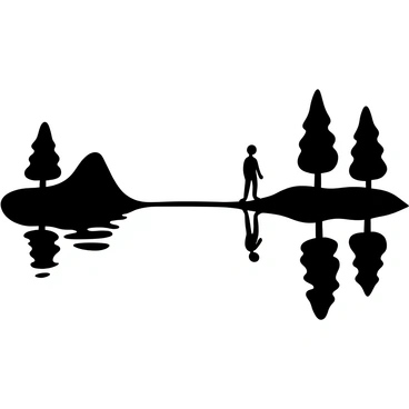 A tranquil lake with smooth water creates a perfect reflection of a silhouette standing at the water's edge. The silhouette is depicted in profile, with the surrounding environment featuring tall trees and gentle ripples on the surface of the water. The scene conveys a sense of calmness, emphasizing the natural surroundings and the reflective quality of the lake.
