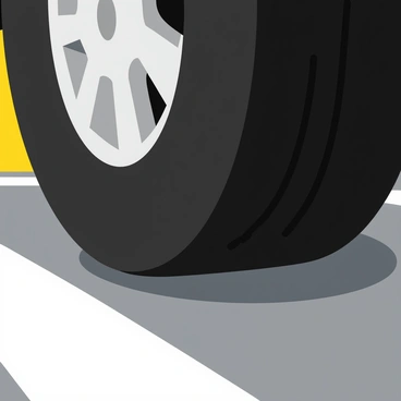 A close-up of a black car tire with a detailed tread pattern gripping the gray asphalt road. The tire shows visible texture and grooves designed for traction. The asphalt surface is slightly rough, with small pebbles and imperfections visible. Sunlight reflects off the tire surface, highlighting its shine and the contrast between the rubber and the road. The scene captures the moment of contact, emphasizing the interaction between the tire and the asphalt.