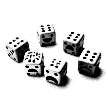 A set of six dice is arranged on a flat surface. Each die has a distinct face that displays a different emotion, replacing traditional numbers. One die shows a face with wide eyes and a big smile, representing joy. Another die features a frown with furrowed eyebrows, depicting sadness. A third die has a surprised expression with raised eyebrows and an open mouth. The fourth die shows anger with clenched teeth and narrowed eyes. The fifth die has a face displaying fear, with eyes wide and mouth slightly open. The final die features a mischievous grin, capturing a playful emotion. The texture of the dice is smooth, and they are evenly spaced, allowing for a clear view of each expressive face.