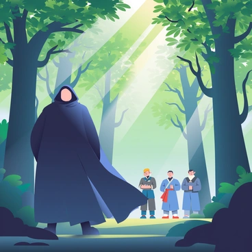 A mysterious figure with a dark cloak is standing in the shadows of a dense forest, partially obscured by the thick foliage. The figure's face is hidden, creating an air of intrigue. Surrounding the figure are tall trees with twisting branches and vibrant green leaves, casting dappled light onto the ground. In the distance, the Jujutsu Kaisen team is visible, engaged in a discussion, unaware of being watched. The team members are wearing their distinctive outfits and displaying various expressions of focus and determination. Soft beams of sunlight filter through the treetops, adding depth to the scene.