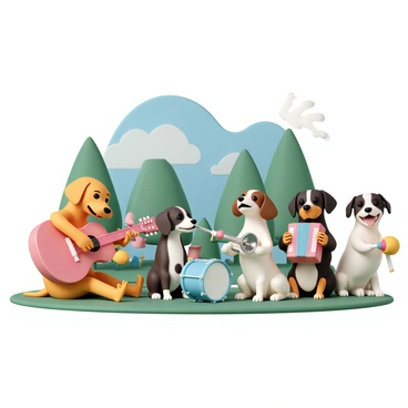A group of five dogs, each with distinct breeds, playing musical instruments in a vibrant green park. A Golden Retriever is strumming a bright red guitar, while a Dachshund is seated with a small blue drum set, tapping away energetically. A Beagle is blowing a shiny silver trumpet, and a Poodle is playing a colorful accordion with enthusiasm. Nearby, a Bulldog is shaking maracas, adding rhythm to the joyful scene. The park is filled with colorful flowers and tall trees in the background, and a clear blue sky overhead.