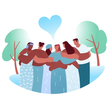 A group of individuals from diverse backgrounds is standing together in a park. Each person is wearing traditional attire that represents their culture, showcasing a vibrant mix of colors and patterns. They are leaning into each other, with arms wrapped around shoulders in a gesture of unity. In the background, there are trees with lush green leaves and a clear blue sky. Above the group, a large heart shape is visible, symbolizing their togetherness.