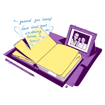 An open diary with yellow pages features neat handwritten notes in blue ink. The diary is resting on a wooden table, with its pages slightly fluttering as if a gentle breeze is passing by. Beside the diary, there is an old black-and-white photograph depicting a group of people smiling, captured in a vintage frame. The frame has a weathered texture, enhancing the nostalgic atmosphere of the scene. Shadows gently cast over the table, adding depth to the composition.