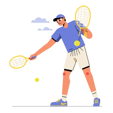 A tennis player wearing a bright blue sports shirt and white shorts is in a dynamic pose on the court. The player's expression shows determination as they swing a yellow tennis racket. A tennis ball is captured in mid-air, just in front of the racket. The sports apparel features vibrant patterns and sleek designs. The background includes a tennis court with clear blue skies above.
