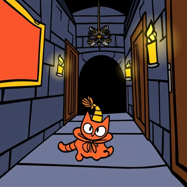 A small cat with a sleek, orange coat and a plumed hat tiptoeing cautiously through a dimly lit grand castle corridor at night. The corridor is adorned with rich tapestries hanging on the stone walls, illuminated by flickering candle sconces casting shadows. The cat has big eyes full of cunning, wearing a small cape that sways slightly with its movements. In the background, there are ornate wooden doors and a glimpse of intricate chandeliers above, creating an atmosphere of secrecy and adventure.
