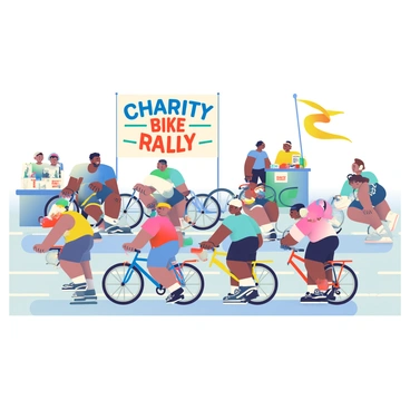 A parking lot is filled with cyclists preparing for a charity bike rally. There are various bicycles in bright colors, including red, blue, and yellow, lined up in neat rows. Cyclists of different ethnicities are wearing colorful helmets and cycling gear, some with logos of the charity event. A few individuals are checking their bikes, ensuring everything is in order, while others are chatting with friends and stretching. In the background, a banner reading "Charity Bike Rally" is prominently displayed, flapping in the wind. Nearby, an information booth is set up with volunteers handing out maps and water bottles.