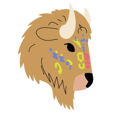 A bison head featuring a prominent brow and curving horns. The head is covered in intricate tribal patterns, including geometric shapes and swirling lines that add texture and detail. Symbolic markings, such as circles and dots, are positioned strategically across the forehead and cheeks, enhancing the cultural significance. The bison's fur appears thick and textured, with a natural brown color, providing a strong contrast to the colorful patterns.