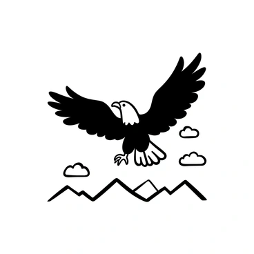 An eagle with spread wings flying high in the sky, showcasing its powerful physique and sharp feathers. Below, a landscape of mountains can be seen, with clouds softly surrounding the eagle. The eagle's talons are extended, and its wings are fully outstretched, capturing the essence of freedom and dominance in the air.