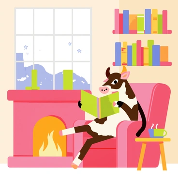 A cow with brown and white spots is sitting comfortably on a plush red armchair in a cozy library. The cow is holding an open book in its hooves, looking intently at the pages. A warm, crackling fireplace with orange flames is glowing nearby, casting a soft light across the room. The shelves in the library are filled with colorful books, and a small wooden table next to the chair holds a cup of steaming cocoa. A large window shows a snowy landscape outside, contrasting the warm interior.
