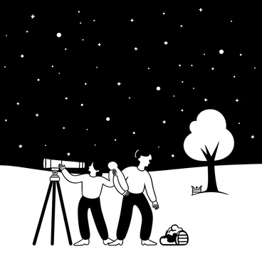 A group of three friends, standing side by side in a vast field, each holding a telescope pointed towards the night sky. The telescopes are detailed, with various knobs and dials visible. The ground is scattered with a few blankets and backpacks. Above them, a vast expanse of stars fills the black sky, with some constellations clearly identifiable. A large tree stands in the background, partially silhouetted against the starlit sky, adding depth to the scene.