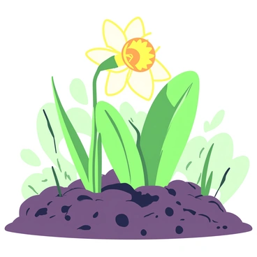 A single daffodil is emerging from rich, dark soil. The daffodil has a bright yellow flower with a trumpet-shaped structure and long, slender green leaves. The soil around it is crumbly and textured, showing signs of moisture and nutrients. Sunlight is filtering down, casting soft shadows around the flower, highlighting its delicate petals and vibrant color. The background displays a blurred mix of greenery, emphasizing the focus on the daffodil as a symbol of new life.