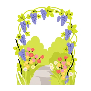 An archway constructed from twisted green grapevines, adorned with clusters of purple grapes hanging down from the branches. The archway frames a view of a lush garden filled with vibrant flowers in various colors, including red, yellow, and pink. Soft green leaves are interspersed among the flowers, creating a rich tapestry of nature. A stone pathway winds through the garden, leading the viewer's eye deeper into the scene. The sunlight filters through the leaves of the vines, casting playful shadows on the ground.