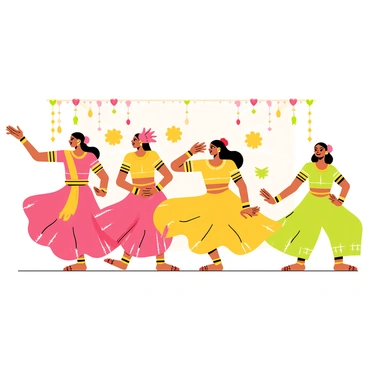 A group of dancers performing in a celebratory setting in honor of "Goddess Lakshmi." The dancers wear vibrant costumes featuring bright colors such as red, gold, and green, adorned with intricate patterns and embellishments. Each dancer is in a dynamic pose, showcasing traditional dance movements, with flowing scarves and accessories that add movement to their attire. In the background, decorative elements like floral garlands and shimmering lights create an atmosphere of festivity. The dancers appear joyful and energetic, embodying grace and devotion in their performance.