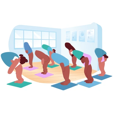 A diverse group of people of various ethnicities is engaged in doing jumping jacks inside a community center. The individuals are wearing colorful workout attire, showcasing a range of styles. Some participants are exercising on a bright wooden floor, while others are positioned on colorful yoga mats. The atmosphere reflects a sense of unity as they are all synchronizing their movements. Sunlight filters through large windows, casting soft shadows across the room, and posters promoting health and fitness are visible on the walls.