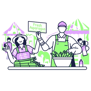 A group of farmers is standing behind a wooden table at a local fair, proudly displaying their asparagus harvest. The table is filled with neatly arranged bunches of green asparagus, each tied with twine. One farmer, a woman with a straw hat and a plaid shirt, is smiling as she holds a sign that reads "Fresh Asparagus" in bold letters. Next to her, a man with a cap is showcasing a large basket filled with the asparagus stalks. The fair atmosphere is lively, with colorful tents and banners visible in the background, and a few attendees browsing the nearby stalls.