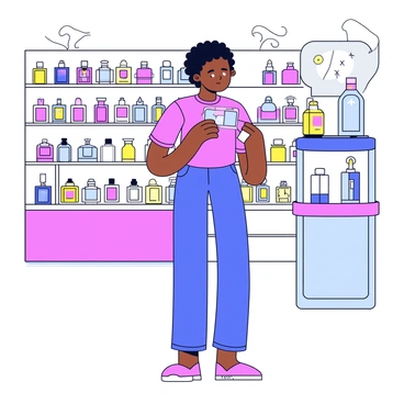 A customer stands in a Sephora store, surrounded by various perfume displays. The customer is holding multiple tester strips in one hand, each with a different fragrance sample. The person appears to be deeply focused while bringing one of the strips close to their nose to inhale the scent. The background features colorful perfume bottles arranged neatly on shelves, with soft lighting highlighting the products. The floor is sleek and shiny, reflecting the vibrant colors of the perfumes.
