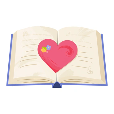 An open book with its pages slightly curled displays a large, red heart illustrated across the center. The heart is detailed with swirling patterns and small, colorful flowers integrated into its design. The background includes faint text and sketches that hint at various love stories, enhancing the romantic theme. Soft light casts gentle shadows across the pages, drawing attention to the heart as the focal point of the image.