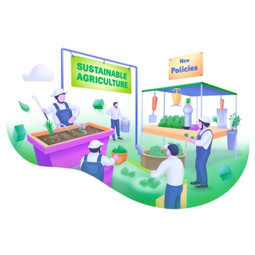 A vibrant farming exhibition scene showcasing farmers demonstrating sustainable agriculture practices. In the foreground, farmers are engaged in hands-on activities, such as planting seedlings and displaying organic produce. Bright banners reading "Sustainable Agriculture" and "New Policies" are hung above, featuring fresh green colors. Various stalls are set up with tools and equipment promoting eco-friendly farming techniques. Attendees are gathered around, observing the demonstrations, with a few taking notes. Lush green plants and vegetables are visible around the area, highlighting the focus on sustainability.