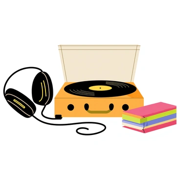 A pair of large, classic headphones with thick cushioned ear pads rests beside a vintage vinyl record player. The headphones are black with shiny accents and have a coiled cable. The vinyl record player features a wooden finish with gold knobs and a spinning vinyl record that has distinct grooves. The scene is completed with a nearby stack of colorful vinyl records leaning slightly.
