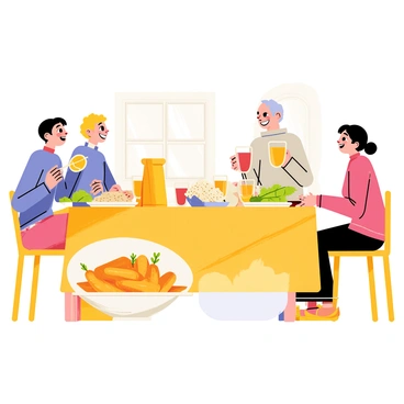 A family of four is sitting around a wooden dining table, smiling and engaged in conversation. The table is covered with a bright tablecloth and features a large, white bowl filled with golden-brown roasted carrots, glistening with herbs. Each family member has a colorful plate in front of them, with various side dishes like green salad and rice. In the center, there is a jug of orange juice and glasses filled with refreshing drinks. The atmosphere is lively and warm, with a window beside them allowing soft sunlight to flood the room.