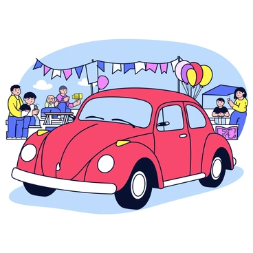 A festival scene featuring a bright red VW Beetle. The car is adorned with colorful balloons tied to the side mirrors and a variety of banners attached to the hood and roof. The background shows a festive atmosphere with people enjoying the celebration, with a few picnic tables set up nearby. The sky is clear and blue, enhancing the cheerful ambiance of the festival.