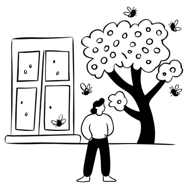 A person named "Davies" is standing near a window, gazing outwards. The window frame is made of wood with a few raindrops visible on the glass. Outside the window, there is a large flowering tree with multiple branches filled with blossoms. Several bees are buzzing around the flowers, depicted in various dynamic positions. The scene conveys a sense of calmness with the focus on the interaction between the bees and the tree.